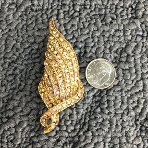 Vintage Gold Tone 2 1/2" Feather Wing Pin Brooch with Rhinestones - Picture 3 of 10
